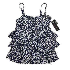 Island Escape Printed Tiered Tankini Top Size 6 Navy Blue Abstract New